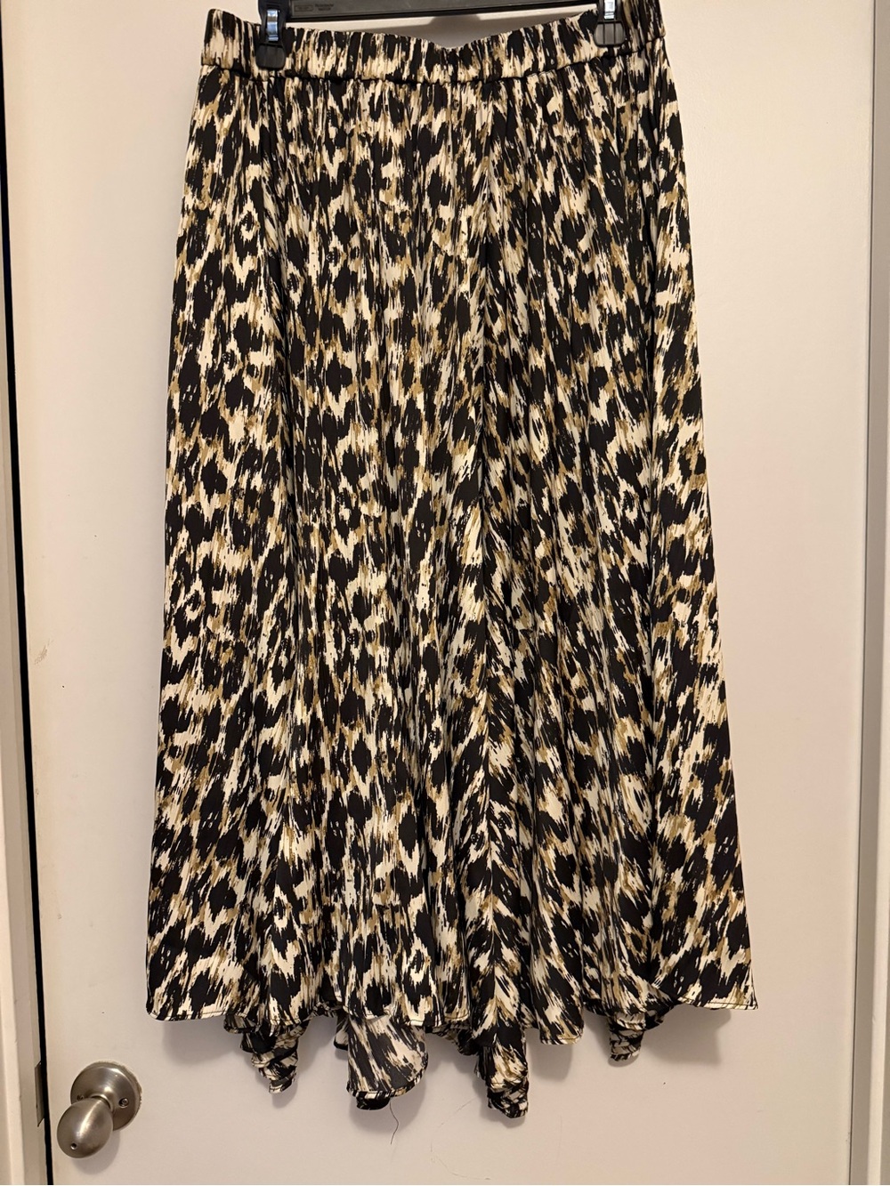 Anthropologie Asymmetrical Animal-Print Handkerchief Hem Skirt Black and Tan Lg